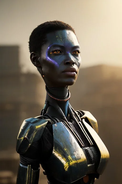 portrait,beautiful african robot, post-apocalyptic in a cyberpunk city, realistic, intriacte detail, sci-fi fantasy style, volumetric lighting, particales,highly detailed,cinamatic, deep