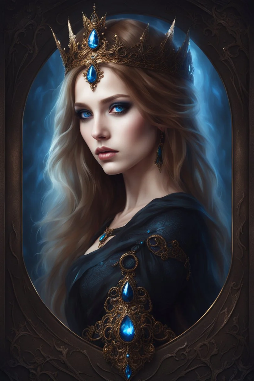 painted portrait of a young gothic queen with light brown hair and blue eyes, very beautiful, dark fantasy