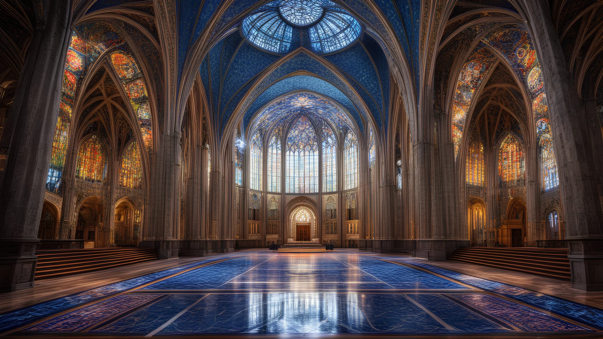 futuristic fantastic symmetrical cathedral internal view, year 2080, night, beautiful, colorful, totally symmetrical design, style William Morris, English arts-and-crafts movement, innovative architecture, award-winning photograph, awesome, serene, inspiring, spiritual, impressive, Cinematic lighting, Epic composition, Photorealism, Very high detail, Unreal Engine, Octane render, HDR