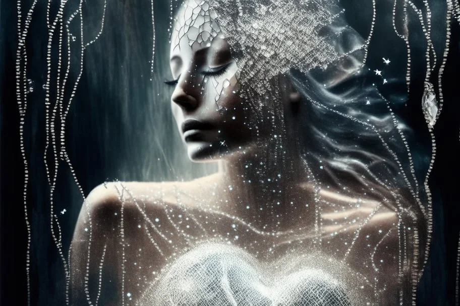 double exposure, merged layers, woman shaped silver wire mesh, real pearl and driftwood, contemplative gaze into the distance, heart and love, waterfall, dreamlike composition, front illuminated, silver glitters