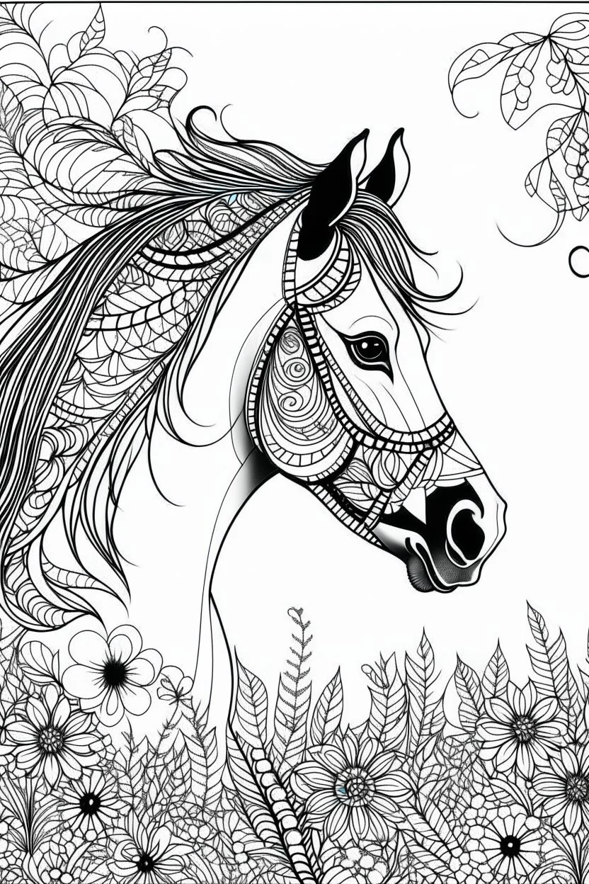 create a 2d black outline, "horse coloring book for girls", coloring page, low details design, black contour, coloring page design, simple background, colorful , card style, coloring page for girls, white background, sketch style