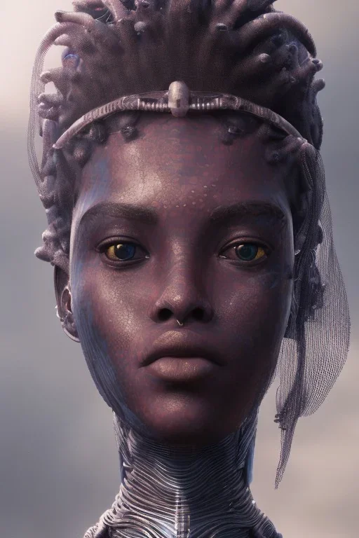 portrait,beautiful african robotic sirene, post-apocalyptic in a cyberpunk city, realistic, intriacte detail, sci-fi fantasy style, volumetric lighting, particales,highly detailed,cinamatic, deep