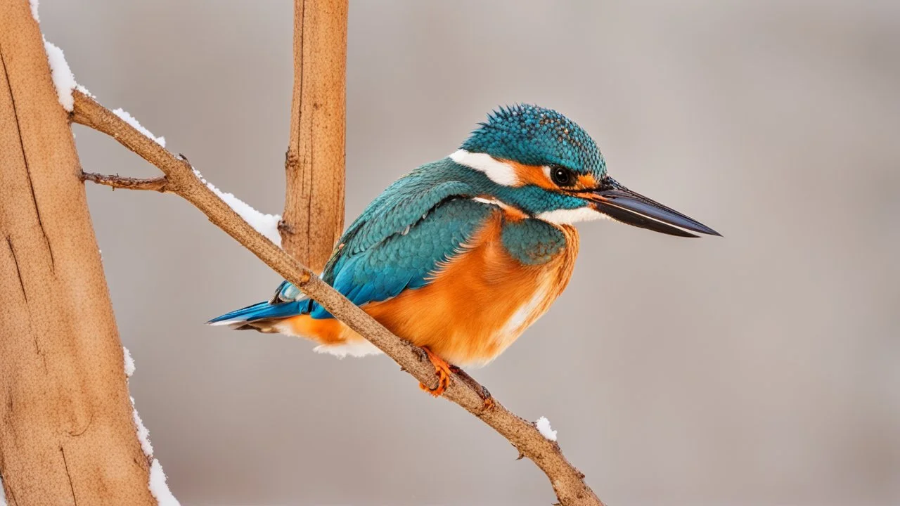 A kingfisher bird with vibrant blue and orange plumage perched on a snow-covered branch against a orange background