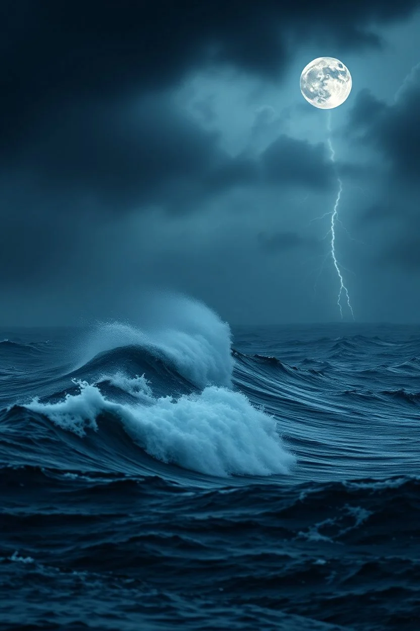 Right high waves in the middle of the ocean in dark storm and thunders in the cloudy sky with a dim full moon , cinematic scene, great photography, 8k , high quality