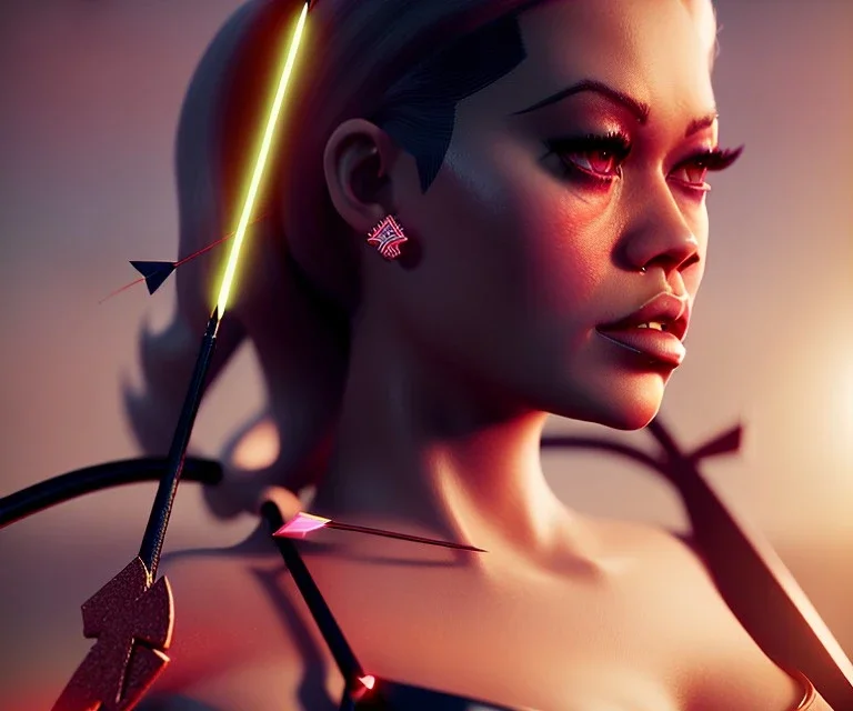 Rita ora, close up, bow, holding arrow, burning arrow, long curly black hair, necklace, hands