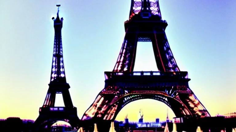 A Tesla's 'Model S Plaid' is parked, at the Eiffel Tower, in Paris. CINEMATIC. WIDE ANGLE LENS.