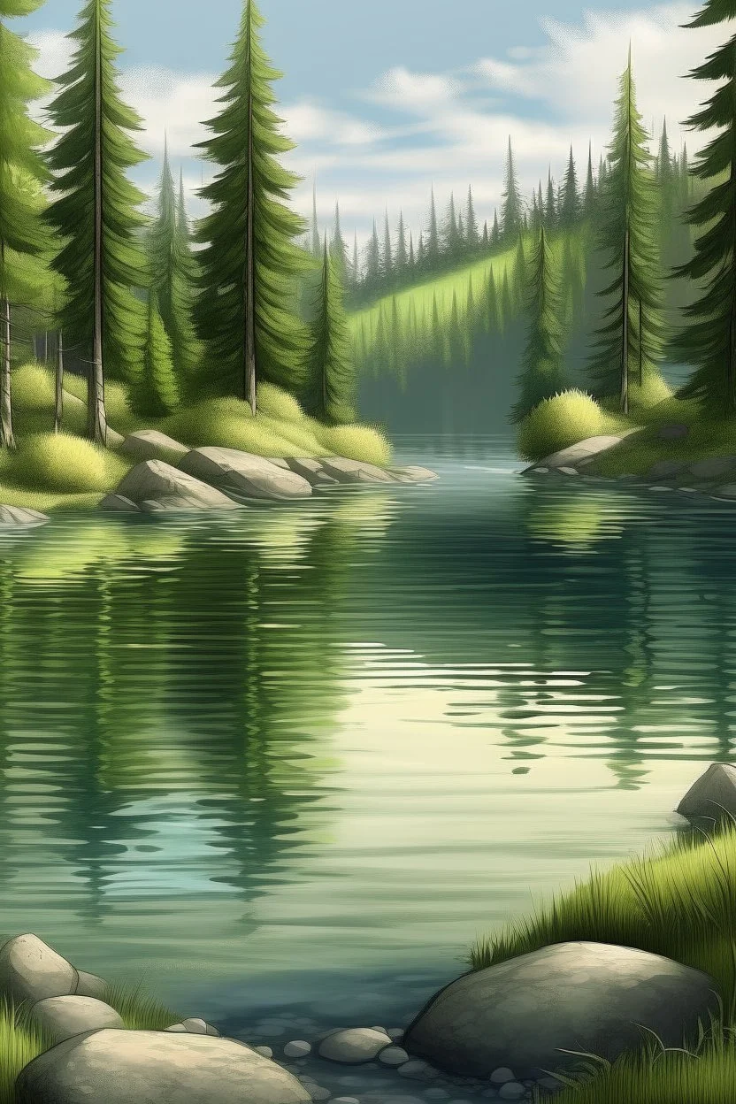 Draw me a lake with a spruce forest with mossy stones