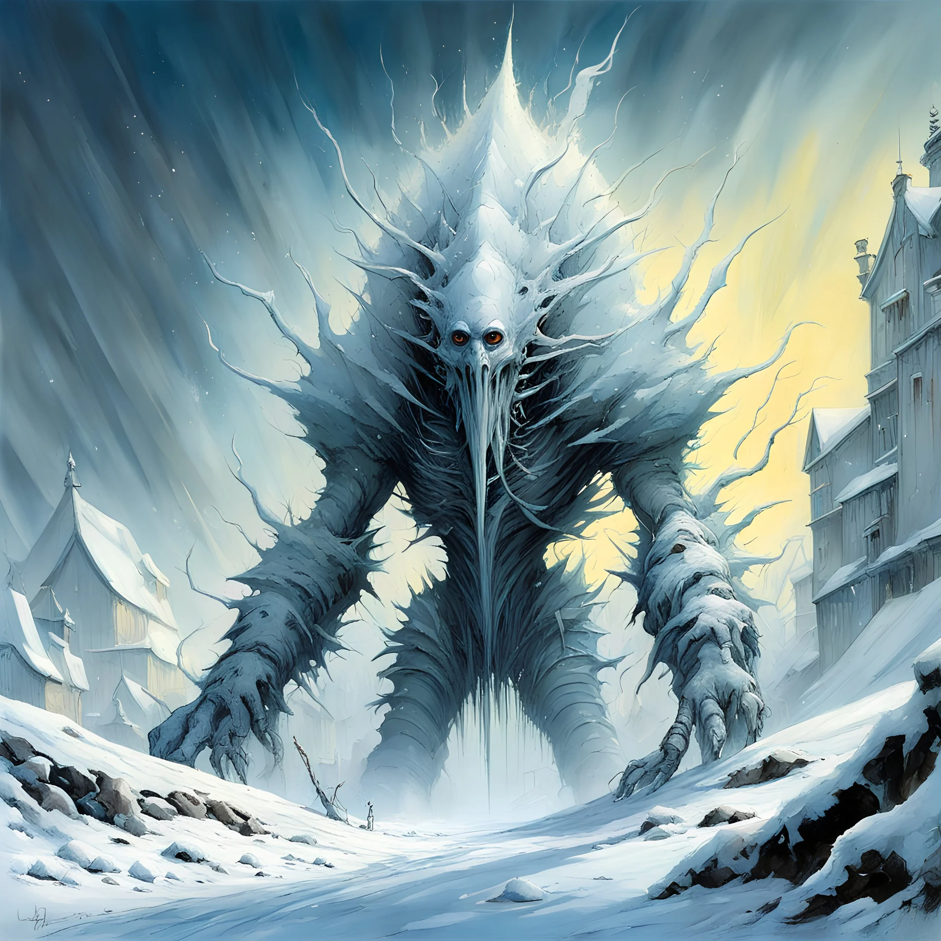 surreal winter towering hybrid creature emerging from a blizzard to loom over a snowbound town, by Ashley Wood, by Yves Tanguy, by Dariusz Klimczak, by Michael Whelan, horror surrealism, distrorted features, cold blowing snow, ice crystals, winter colors, soft focus, watercolor painting, masterpiece, epic and expansive.