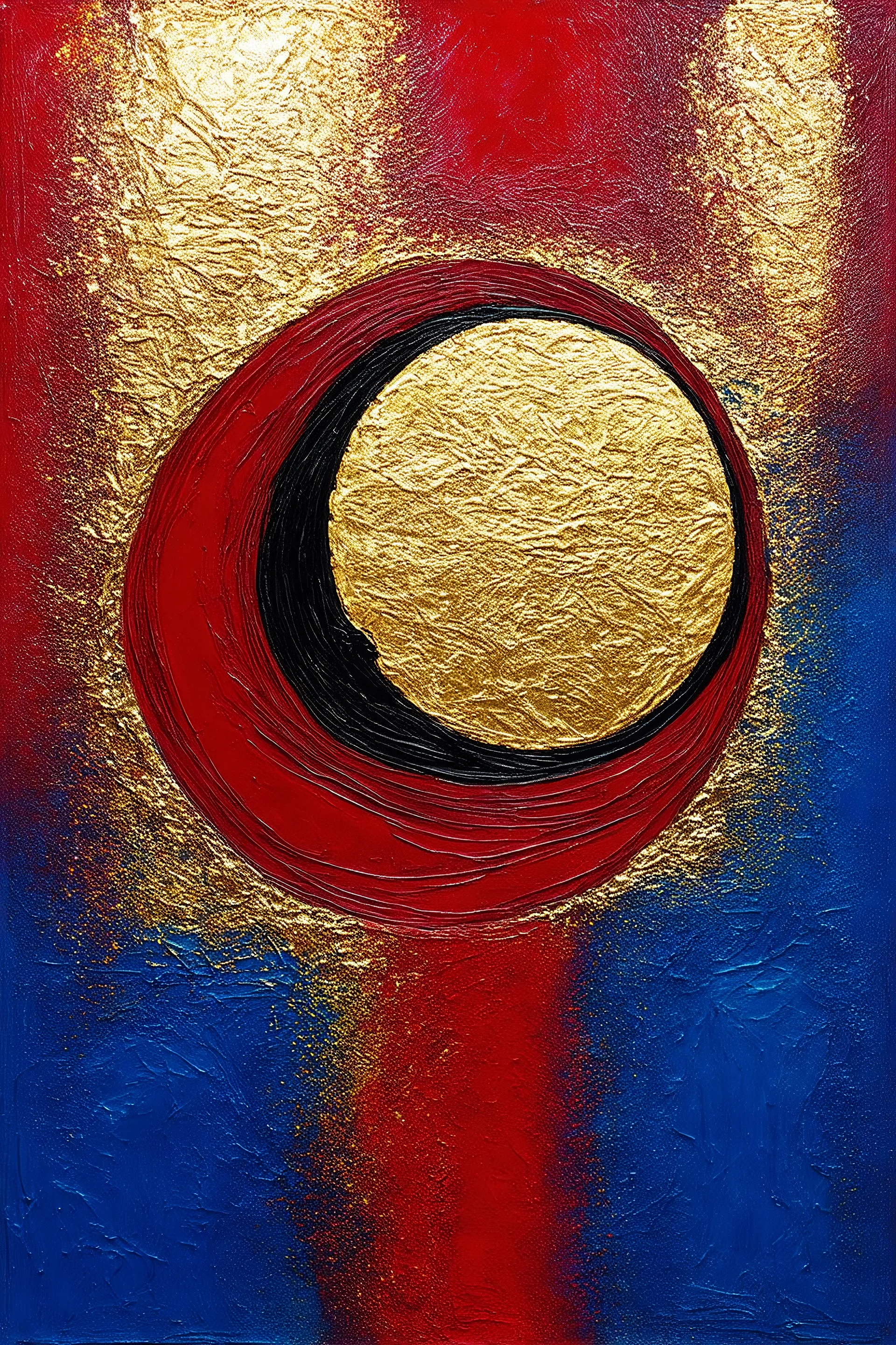 create picture of "Create an abstract painting in a vertical format, dominated by rich shades of red, golden, blue, and shimmering gold. Emphasize textured surfaces and incorporate swirling, crescent-moon-like shapes. Include subtle hints of intricate, calligraphic-inspired details in black within golden big circular or oval forms."
