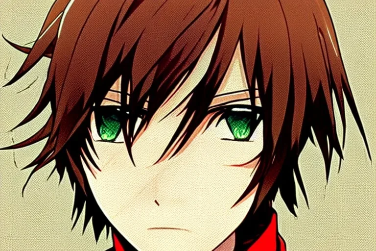 Detailed pretty anime boy, brown hair with blonde strips, keep head in frame, headshot, glaring, brown eyes, covered in bandages, looking serious, illustration, digital painting, only one character, color scheme red, wearing many bandages, Osamu Dazai inspired, anime inspired, manga, dazai, red hair, Chuuya, pretty, scruffy, angry, brooding, manga inspired, small nose, long lower eyelashes, handsome, widows peak, headshot, glaring, cute, wearing a bandage on neck, small nose, scruffy hair