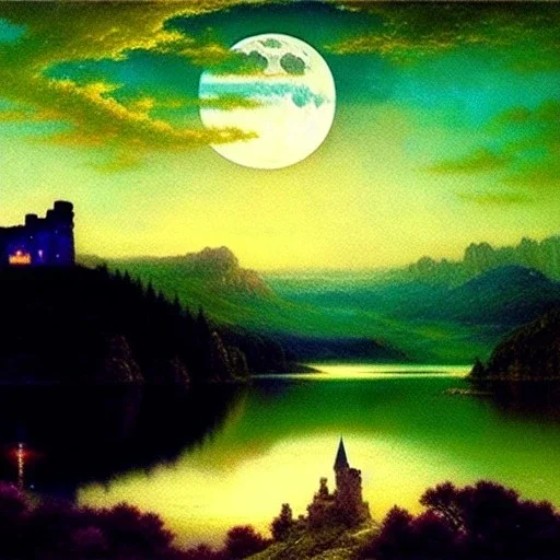 Drawing of 'Medieval Romanian Castle',mountain,lake,full moon, by gaston bussiere, greg rutkowski, yoji shinkawa, yoshitaka amano, tsutomu nihei, donato giancola, tim hildebrandt, oil on canvas, cinematic composition, extreme detail,fit full head inside picture,16k