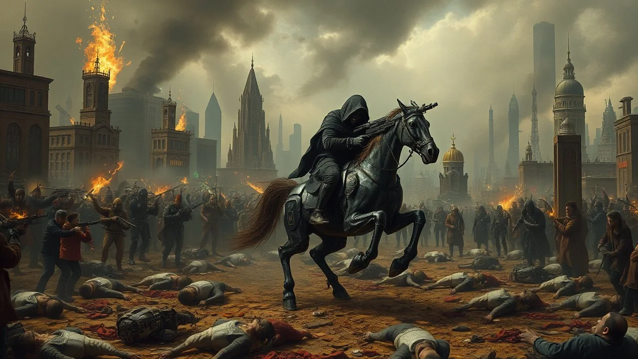 A chaotic cyberpunk interpretation of Bruegel's "The Triumph of Death", capturing the symbolic "harvest" of humanity. this is terror. A dystopian metropolis under smog sky, where cybernetic grim reapers are executing physical harvest. Many of humans citizens killed an army of cyberwarrior androids and robots, panicking people, many bodies lying on the ground. In the foreground, a cyber-death warrior in black hood with futuristic gun, on a mechanical horse, thriller
