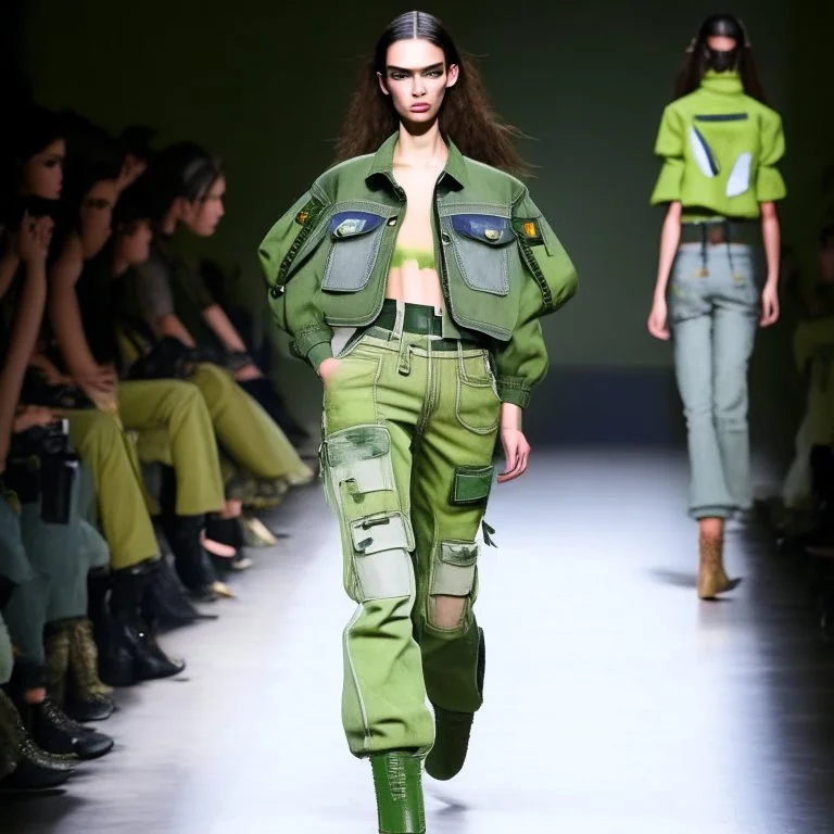 Women model catwalk wearing cargo jeans with patch with twill armor jellow and green