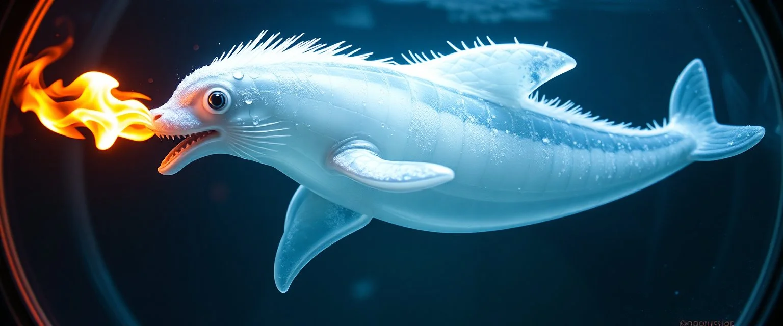 The image depicts a fantastical dolphin snow soup, specifically a transparent with neon plasma aura, with a unique and whimsical appearance. The seal dragon spitting flames is positioned in a circular frame, which suggests it might be inside a container or a vessel. The body is elongated and has a segmented appearance, with a detailed texture that gives it a realistic look. Its head is covered with white, spiky hair, adding to its fantastical charm. From the weird dragon lab.
