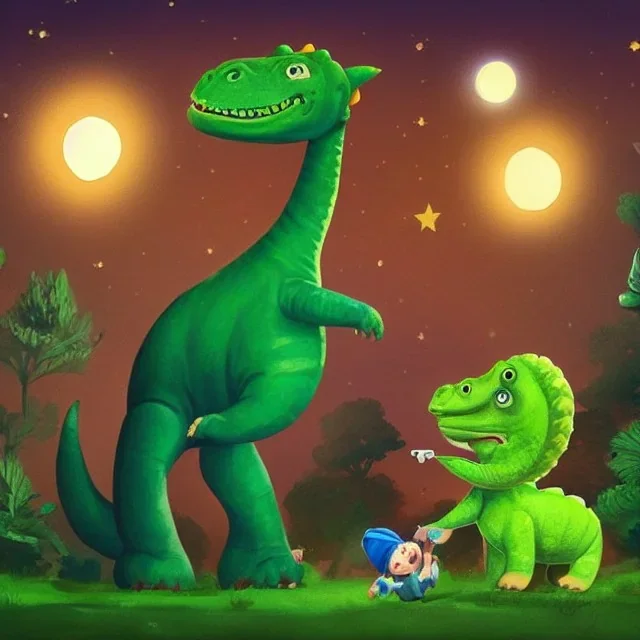 1yo little szymon is on safari onthe moon. petting a green dinosaur. he has big binoculars and a funny hat. High detailed. Cinematic. Digital painting. Warm lights.