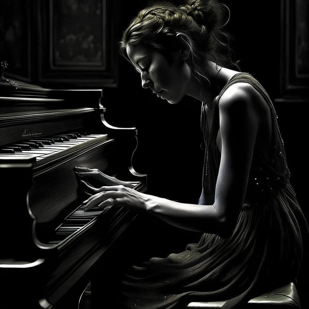 As the music reaches its climax, the woman's body begins to sway back and forth, as if she's lost in the emotions of the song. Tears well up in her eyes, and she lets out a soft, mournful sigh. The recording ends, and she sits back in her chair, lost in thought once againAnd she looks in the other direction style pen drawing