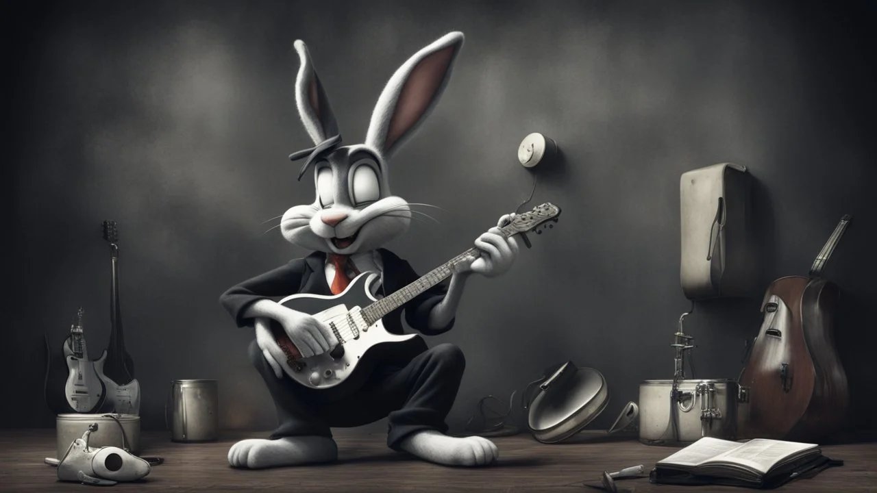 photorealistic deppressed dark melancholic sad Bugs bunny deppressed doing music rock and roll dark heavy metal on a scene alcoholic, ciggaretes ciggaretes ciggaretes