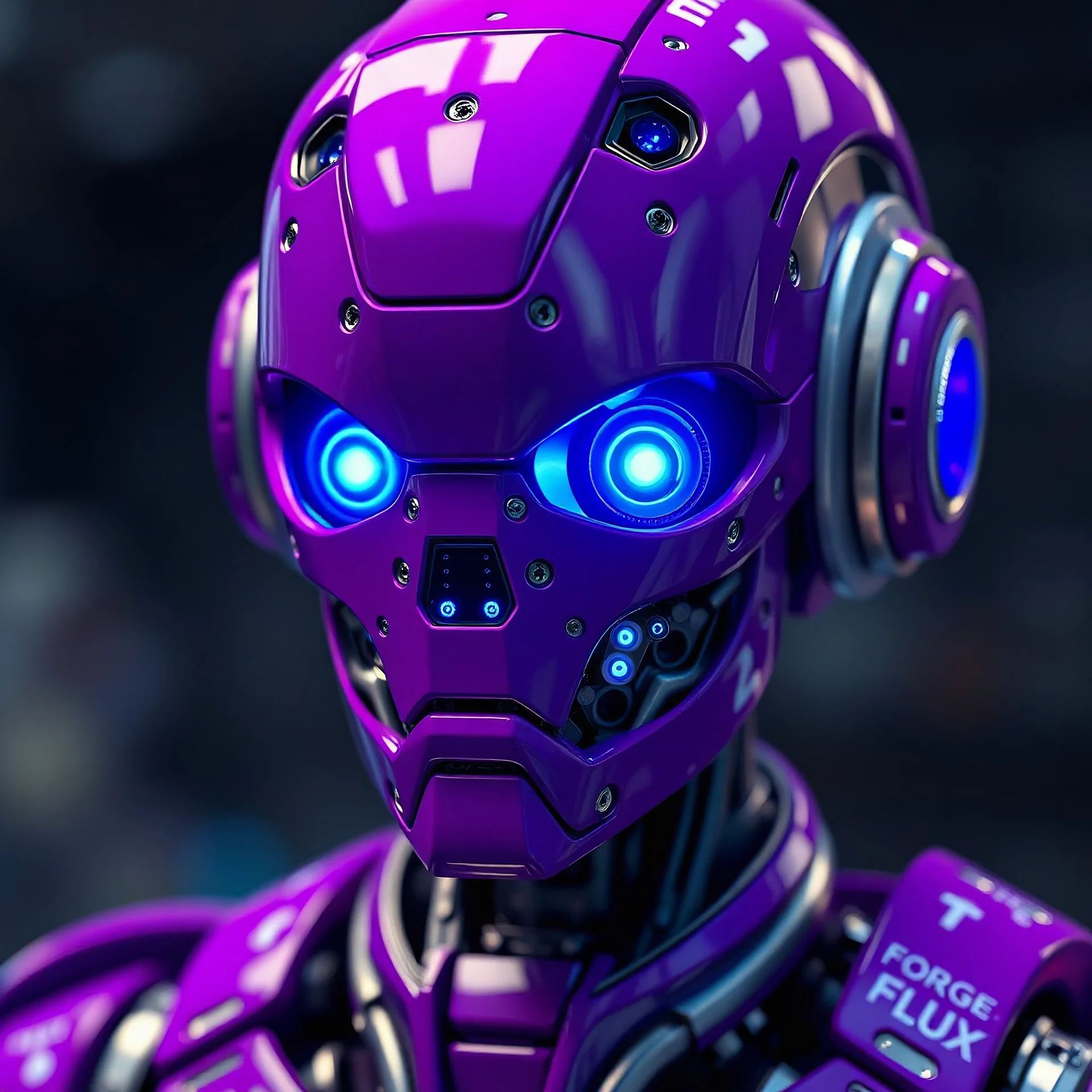 advanced purple cyborg with artificial intelligence, blue eyes in the form of light bulbs, created using complex technologies, robot number "FORGE + FLUX", ultra detailed, HDR, high quality image, realistic image, 8k, high quality, hyperrealism