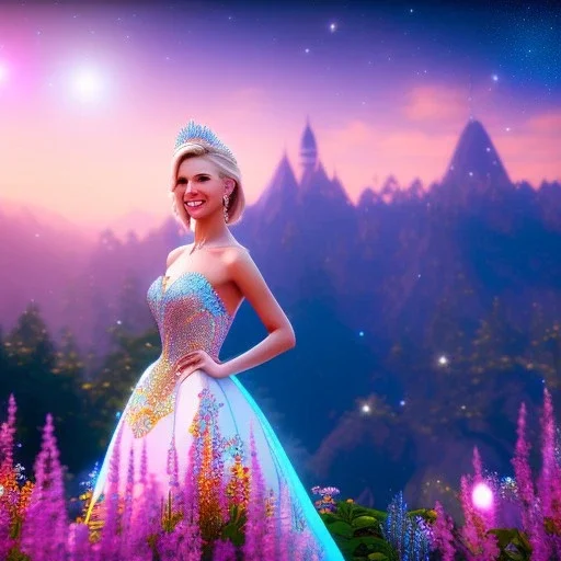 Princess, woman blondie, smile, beautiful place,amazing, flowers, colors, blue and pink butterfly, , realistic, photo real, stars night, detailed, high contrast, 8k high definition, unreal engine 5, extremely sharp detail, light effect, light background