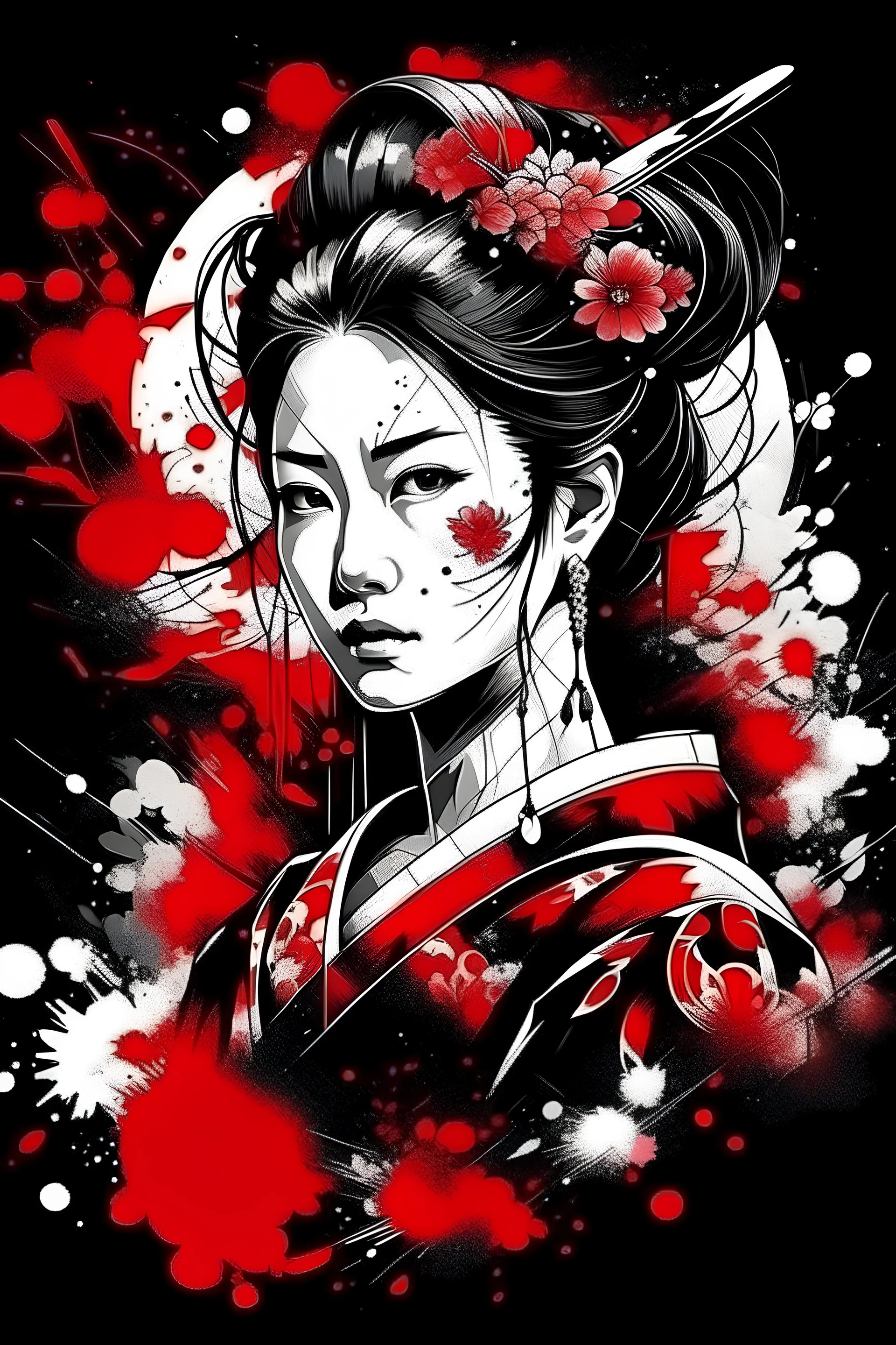 Graphic for t-shirt print. Ink art style Geisha w, red elements ink