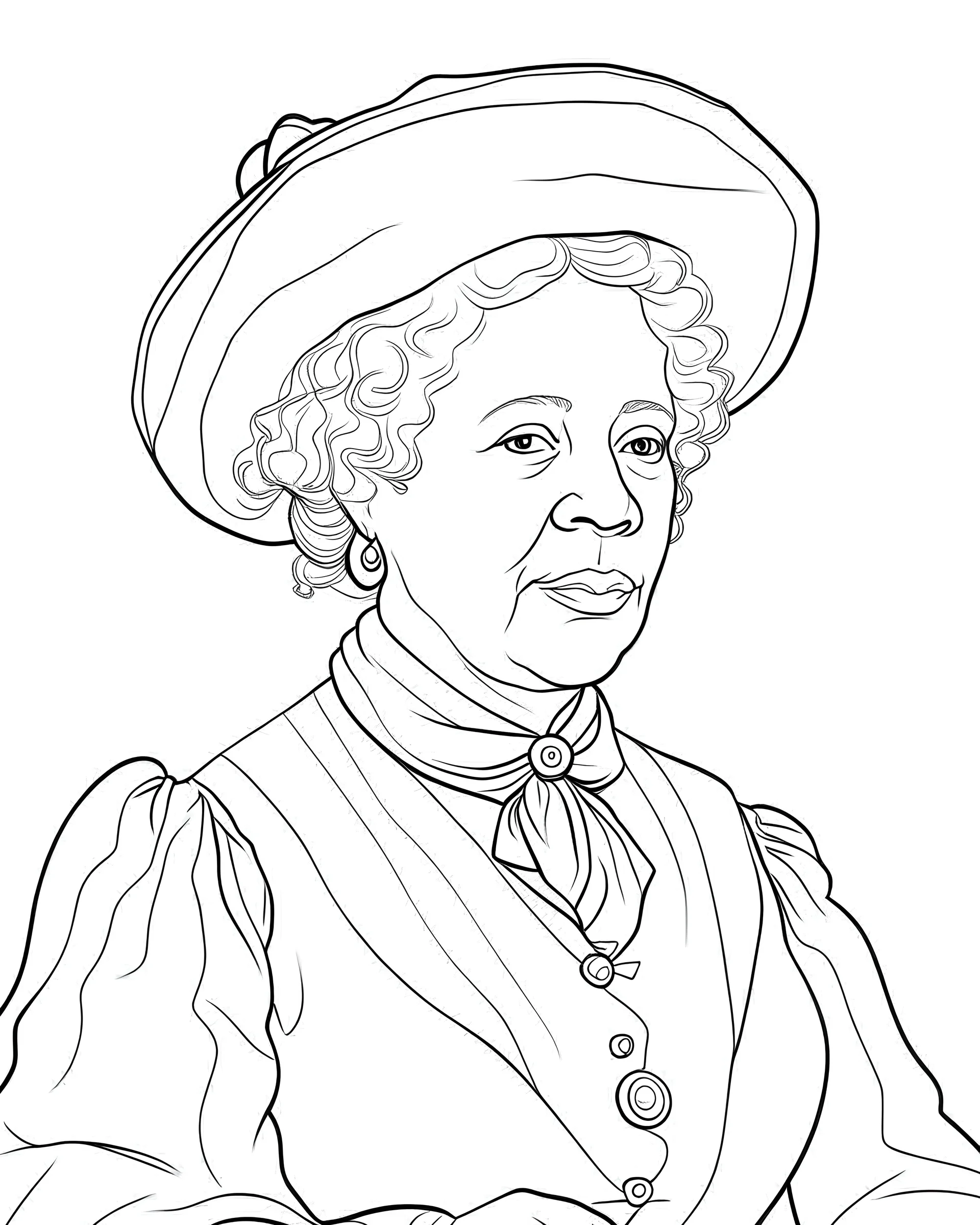 Madame C J Walker, simple line art, one line, line art, white background, cartoon style, coloring book style on white background, well composed, clean coloring book page, No dither, no gradient, strong outline, No fill, No solids, hand drawn