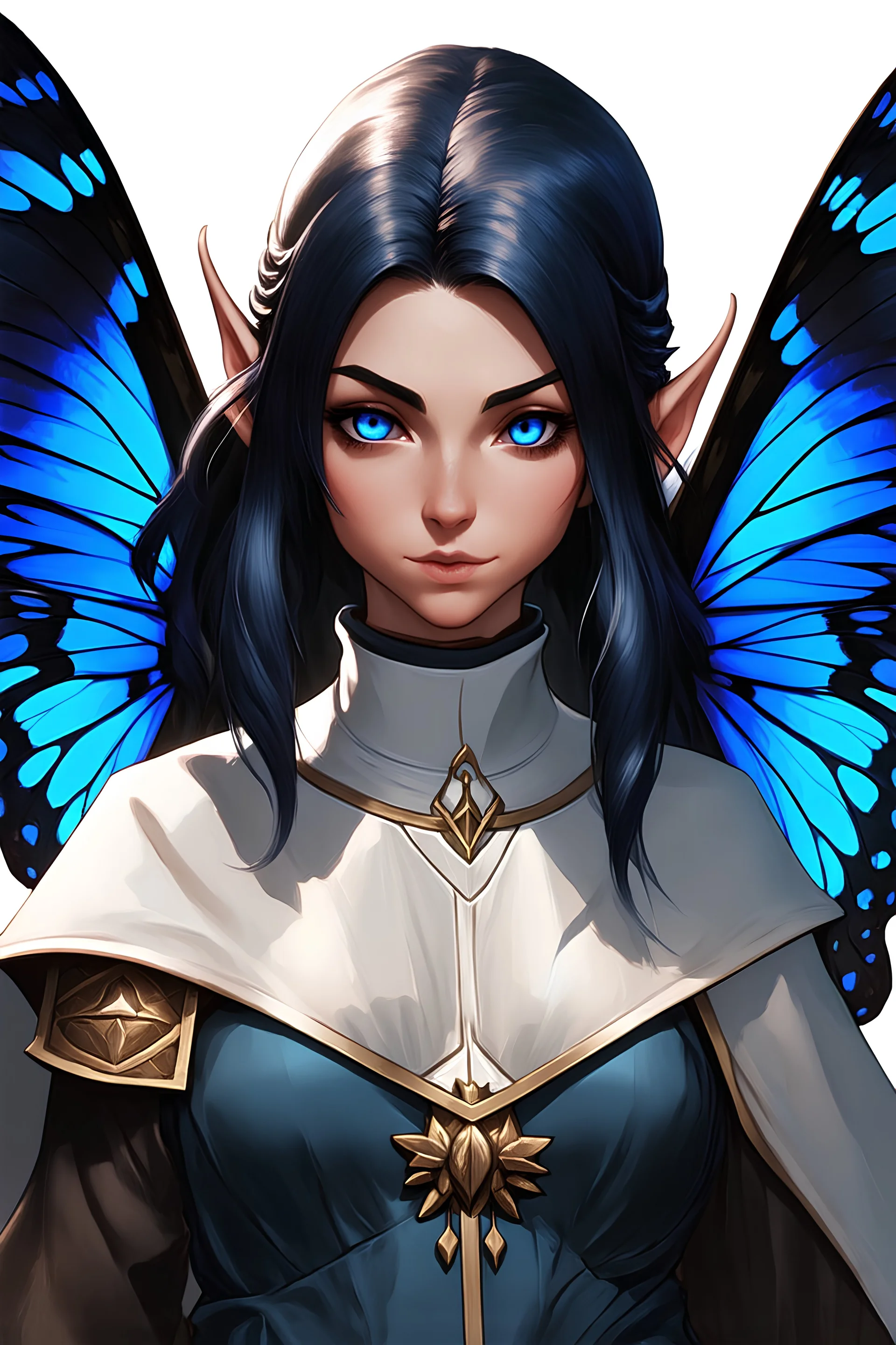 Generate a dungeons and dragons character portrait of the face of a female cleric of peace fairy. She has deep blue eyes like the sea and has dark blue butterfly wings that resemble ripples in the water. She is elven and has pointed ears. She is in her late 20s and is incredibly beautiful. She is kind, but aloof.