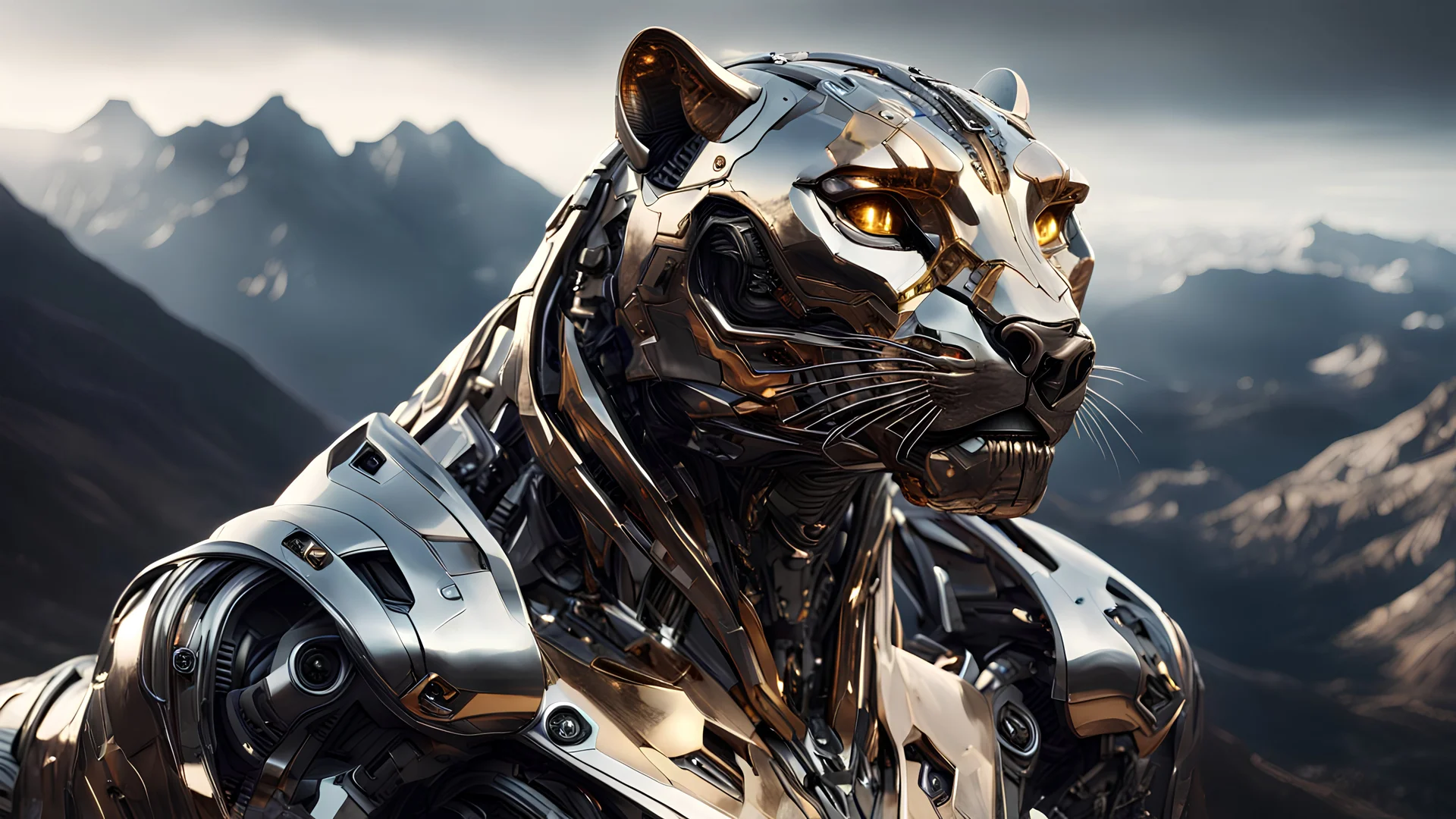 dark portrait of a detailed chrome & gold cyborg panther on a mountains peak. alien mega structures everywhere. futuristic. photoreal