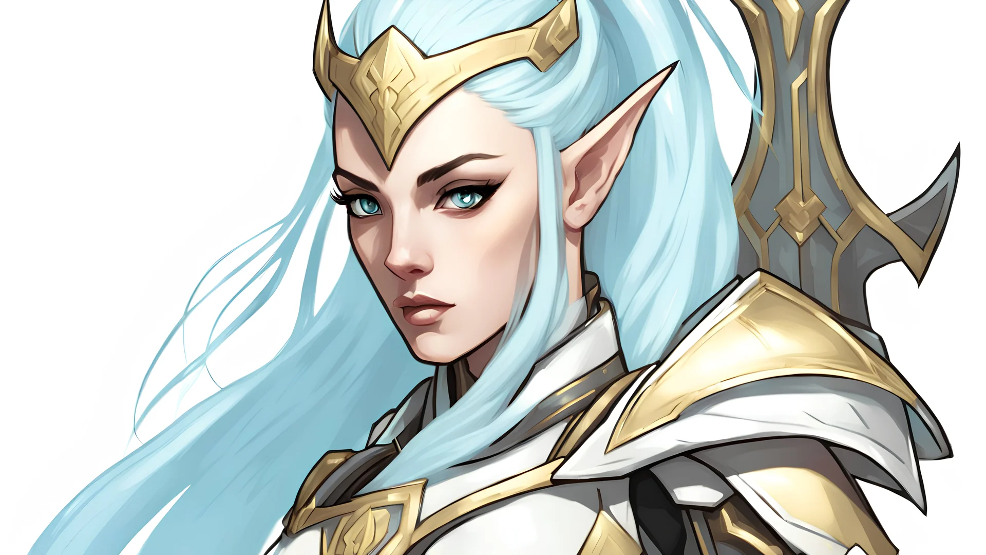 Generate a dungeons and dragons character portrait of the face of a female high Elf Paladin who is strong and has a high ponytail. Her hair is light blue and she has a two hand greatsword on her back. Her armor is black white and golden in the style of the sentinels of league of legends