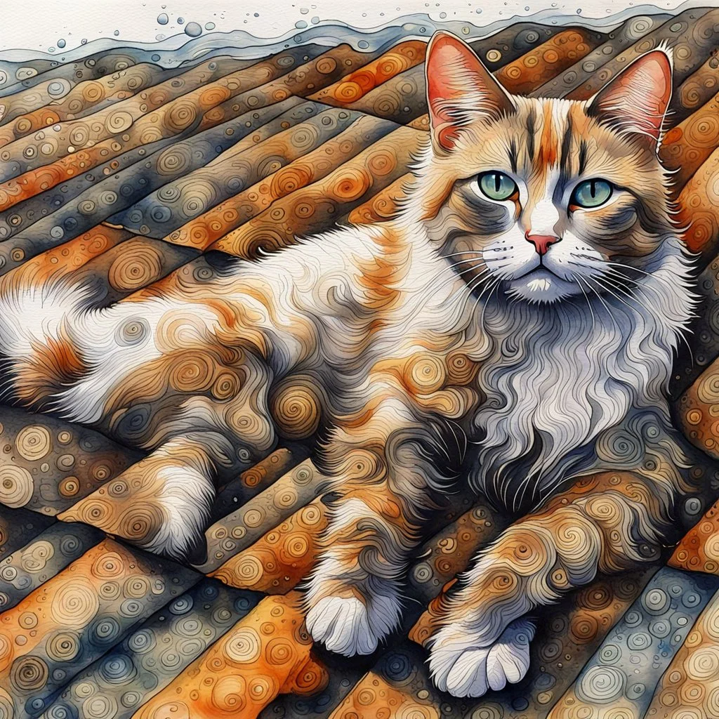 Golden ratio, ultra detailed watercolor painting, wet on wet painting, soft edges beautiful (((Masterpiece))) Create an image of a calico cat partially submerged in water, with its face and upper neck visible just above the surface. The cat has distinct patches of orange, black, and white fur, giving it a vibrant and colorful appearance. Its eyes are large and expressive, with a bright green hue that reflects the light filtering through the water. The background is a rich und