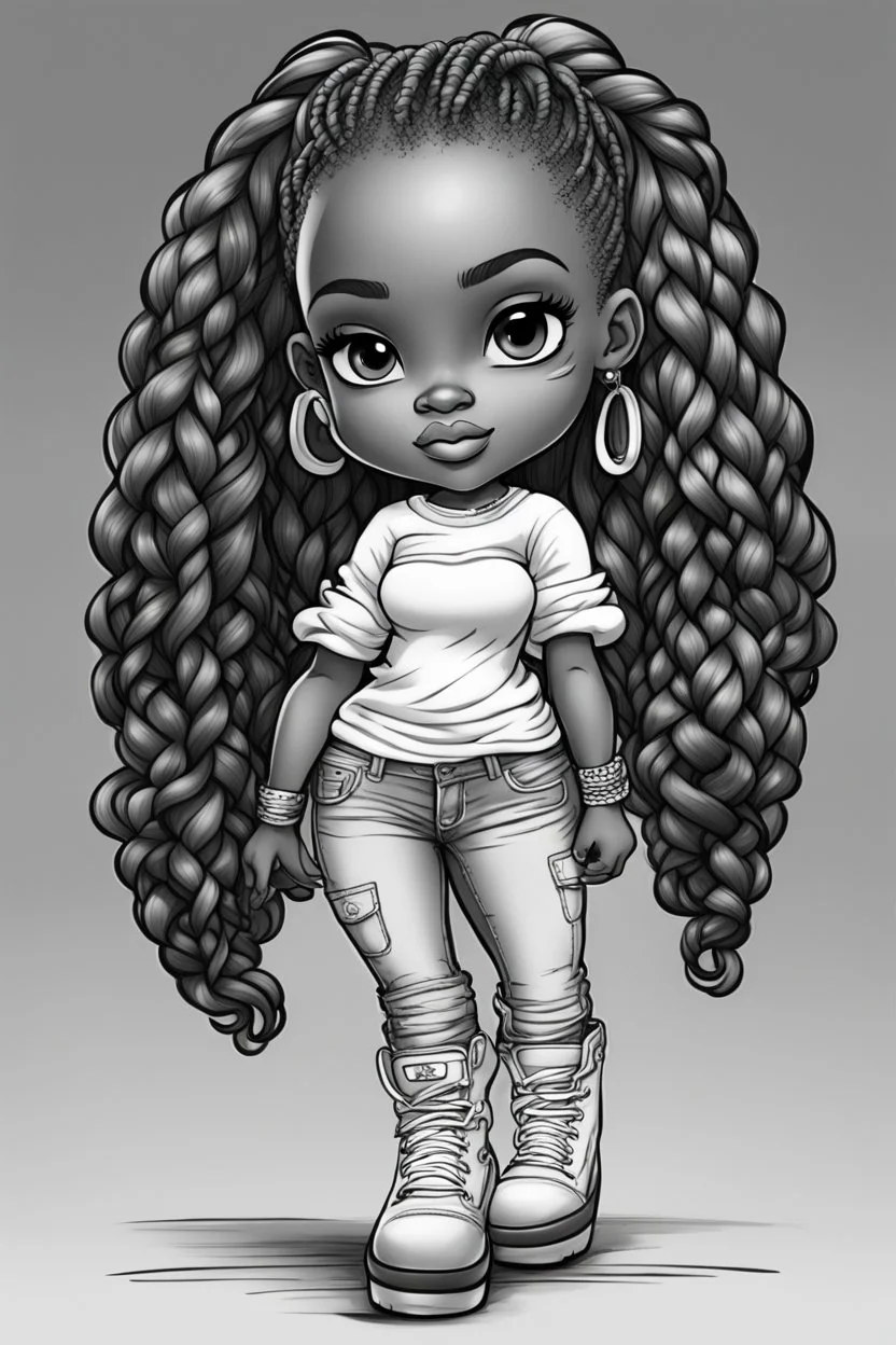 Create a black and white coloring page of a cartoon of a curvy African American chibi female wearing tight jeans and a off the shoulder blouse. She is also wearing timberland boots.. Highly detailed very long extremely braids of hair. Her skin is smooth and silky. Background of a track of ATV riders. No coloring, no shading, no grayscale,