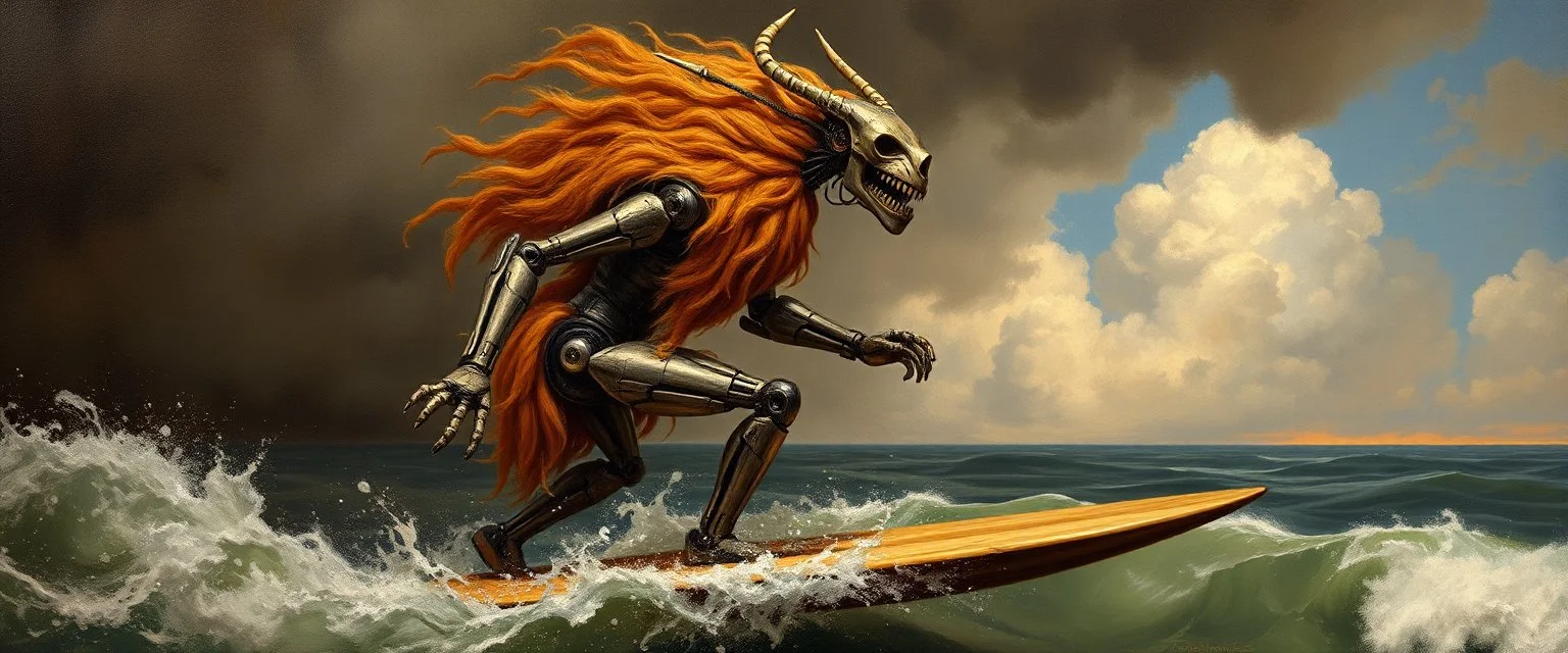 master oil painting by Rembrandt, viggo sandvik as insane wild ginger robot on surfboard