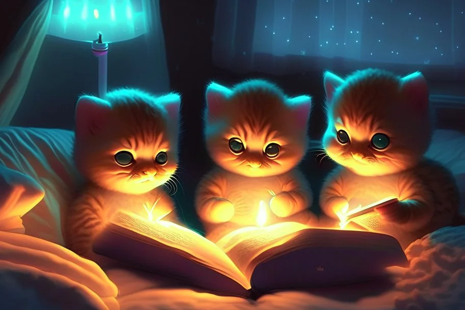 phosphorescent glowing cute soft chibi kittens in a bedroom, reading a book by candlelight on the bed