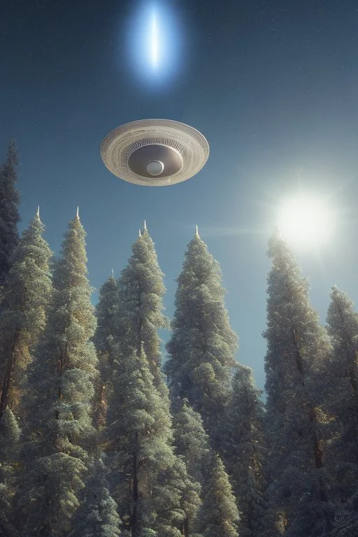 a group of school kids see a saucer shaped ufo::25 flying over tall pine trees, year is 1966 in color, concept art, by Asaf Hanuka, by Weta Digital, Electric Colors, Screen Space Global Illumination, in a symbolic and meaningful style