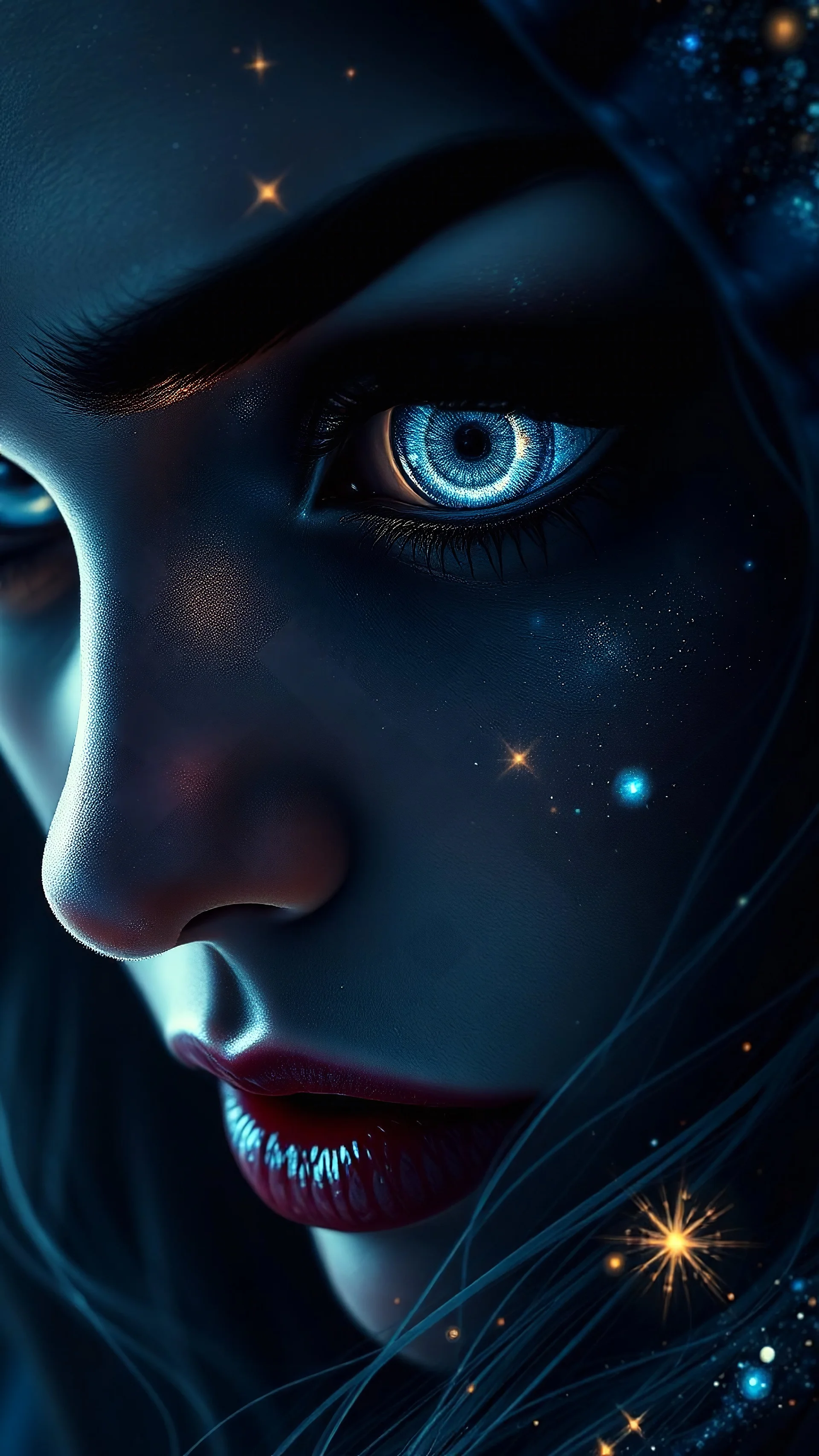 A close-up of the Sorceress' enigmatic eyes, swirling with intricate celestial patterns of galaxies, stars, and nebulas, their glowing light casting delicate highlights on her brows and lashes. The chiaroscuro style heightens the drama, with intense shadows framing her face and a soft celestial glow illuminating her features. The color palette of rich blues, purples, and shimmering golds contrasts beautifully with the deep shadows, creating a visually arresting image of infinite mystery