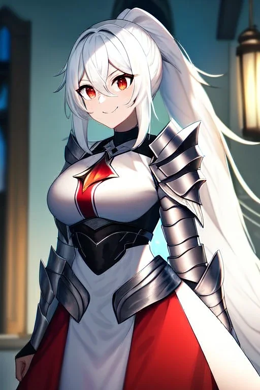 girl, masterpiece, best quality, cinematic lighting, detailed outfit, vibrant colors, perfect eyes, long hair, white hair, red eyes, ponytail, messy hair, hair between eyes, indoors, depth of field, ray tracing, armored dress, angry, smile,