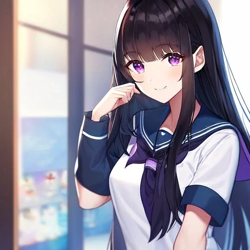 Clear focus,High resolution,High quality, Wearing a sailor uniform, Black long straight hair, Purple sparkling eyes, Hand on mouth, Smiling