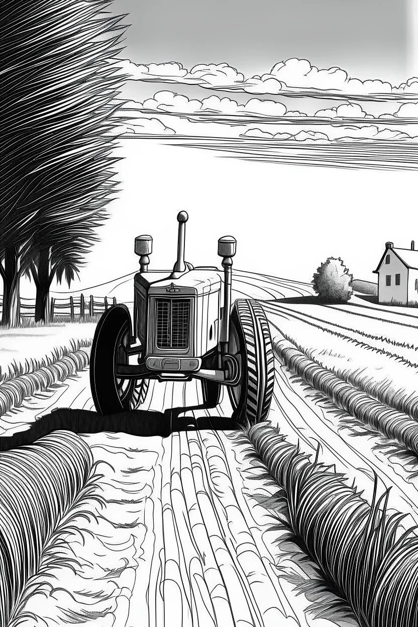 Outline art, no shading, tractor on the road, cartoon style, black and white, low detail, --ar 9:11