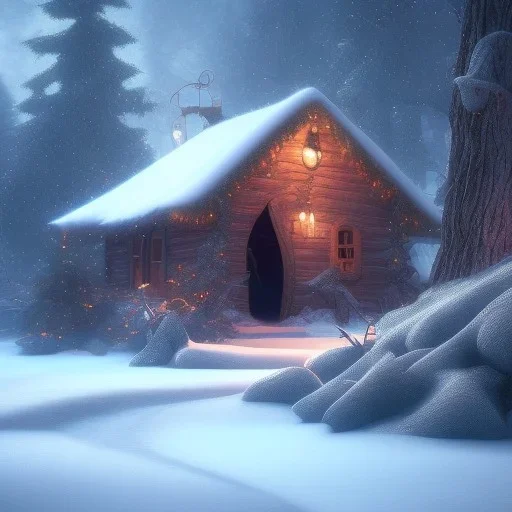 Mysterious christmas night, a small lonely hut, surreal atmosphere, cosmic backdrop, celestial ambience, soft lighting, very chilly appearance of the surroundings, unreal engine 5 volumetric lighting, intricate details, realistic style, 8k resolution