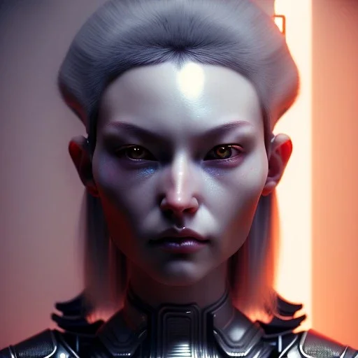 caucasian Woman, silver short hair, samurai, cyberpunk, neon, highly detailed, art stations, concept art, smooth, unreal engine 5, god rays, ray tracing, RTX, lumen lighting, ultra detail, volumetric lighting, 3d, finely drawn, high definition, high resolution, gradient background