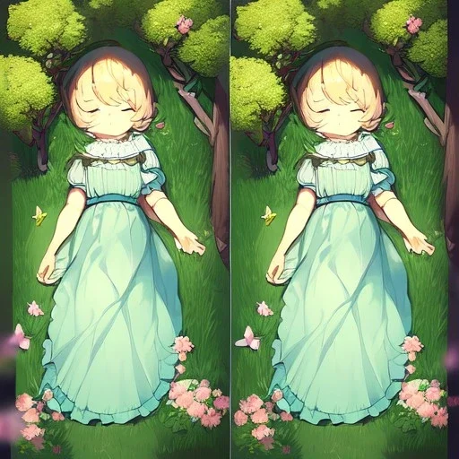 tiny anime girl sleeping in the distance, laying down in a field of flowers, underneath a willow tree, with a butterfly on her nose, hand detail looks human.zoom out