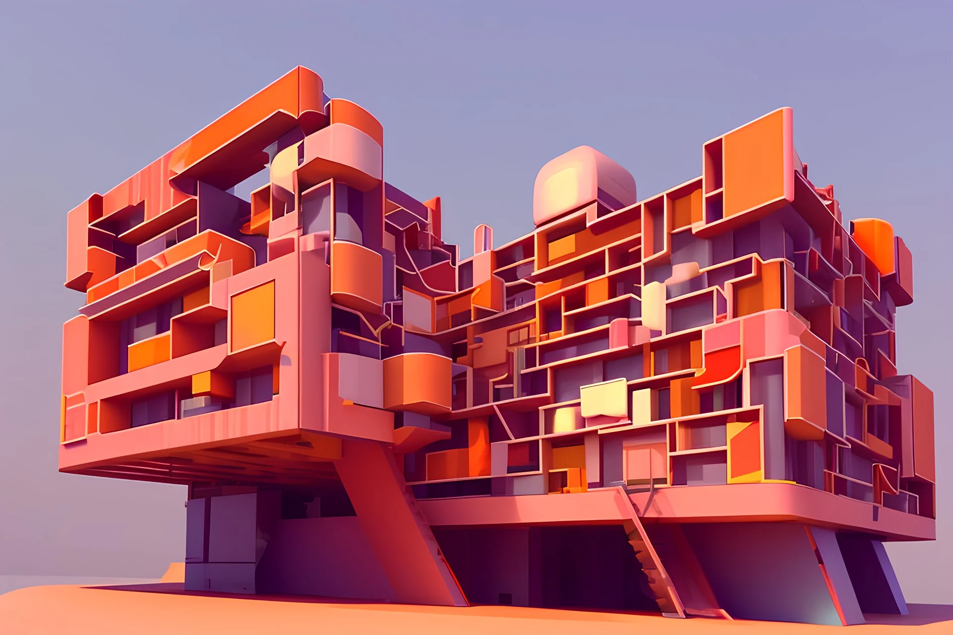 geometric hotel of the future with people in abstract 3d peach red and orange