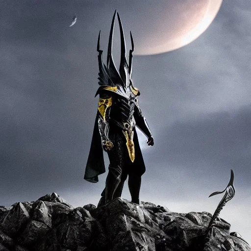 Sauron, the mighty lord of darkness, standing on a rock in the dark land of Mordor, a super-hero man of infinite power and technology of the galactic race, with a great army, a large moon disk behind him, and a fiery sword in his hand