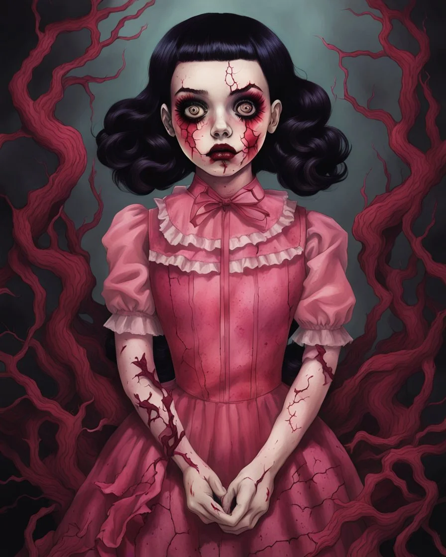 full color, illustration of a darkred and pink tones, menacing, Singer Melanie Martinez face, as a decayed, broken, skin turned translucent, black veins that extended like roots beneath her skin, latex suit, crude homemade cloth doll toy, with a narrow cracked porcelain face, thick dark eyebrows, hair in two gradually, made from ragged strips of cloth, in the style of Alex Pardee, Tim Burton, and Nadya Sheremet