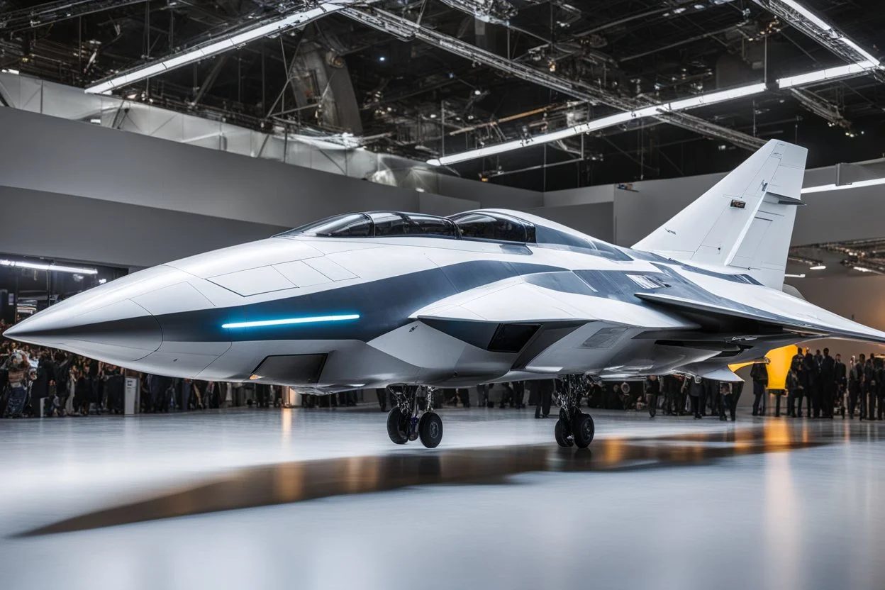 A photo from a distance shows the overall shape of a futuristic and sophisticated fighter plane with a design like a futuristic spaceship in a technology exhibition space event.