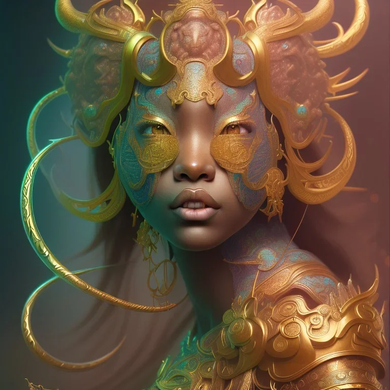 Sango fantasy, fantasy magic, intricate, sharp focus, illustration, highly detailed, digital painting, concept art, matte, art germ and Paul Lewin and Kehinde Wiley, masterpiece Indonesian lady head bronze tiger Asian African girl nice breast Hawaiian hair turquoise golden waves