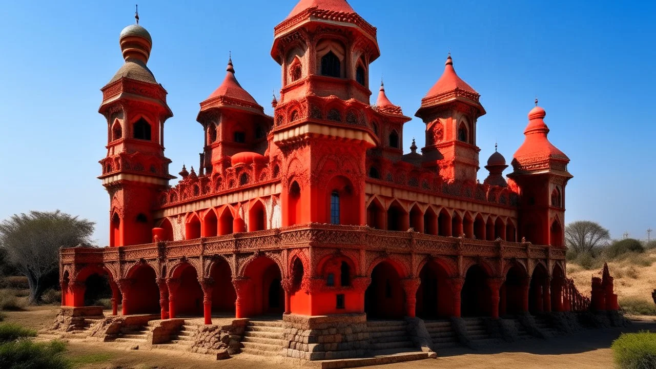 A red fiery vampiric fortress designed in African pottery painted by Giovanni Battista Sassi