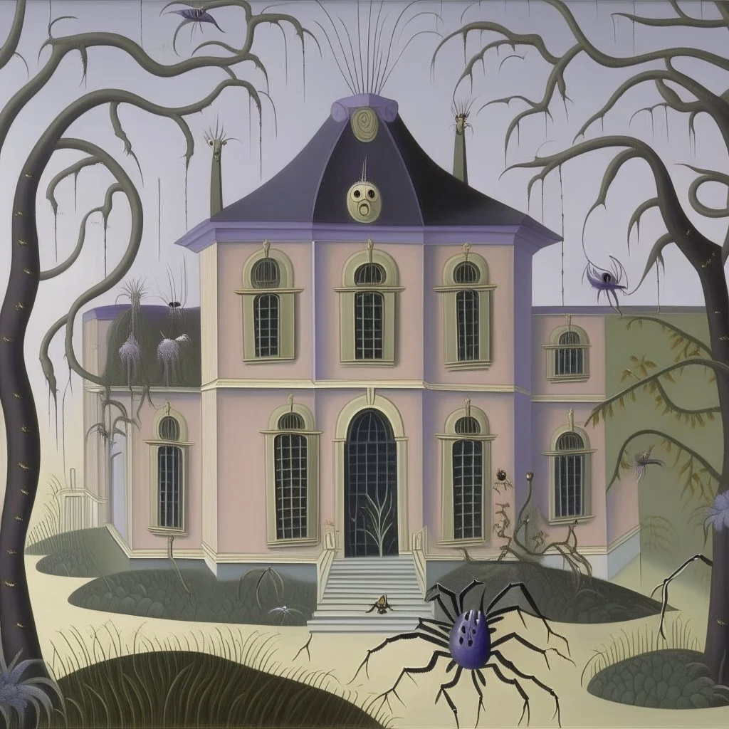 A light purple mansion with spiders painted by Henri Rousseau