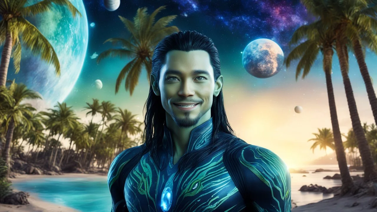 beautiful gorgeous young man na'vi with long hair, Avatar, blue skin, two small ears, green eyes, black hair, in cosmic suit, galactic ambiance, medium pointy goatee , smiling, with spaceship and planets and palm trees and clear crystaline cosmic beach in background