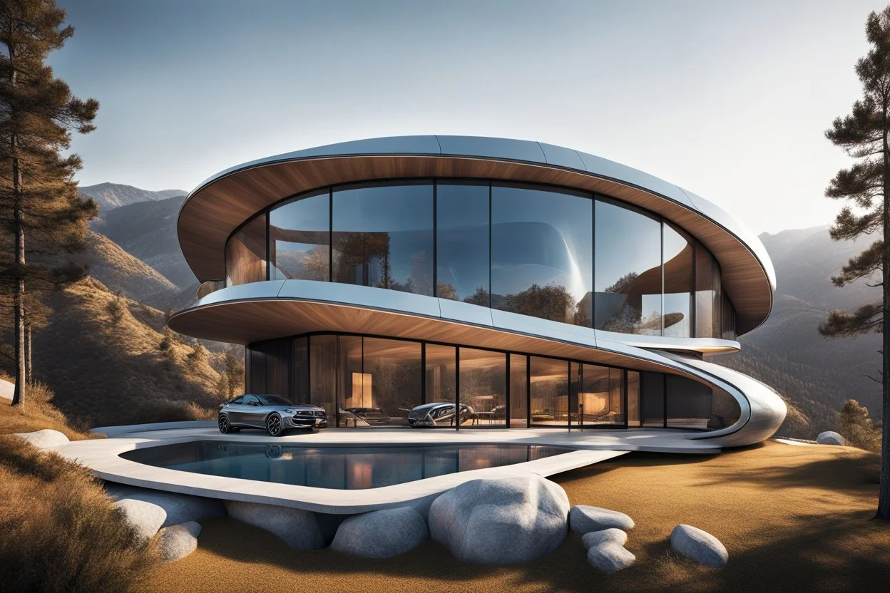 Photo of a futuristic cabin with a shape inspired by the infinity symbol in plan and the x cross in elevation. Glass facades are interspersed between the curved walls, which are steps to go up to the roof to a terrace. There is a driveway with a luxury jeep parked, with a path leading down to the building on the side of the hill. It has a biomimetic design, carbon neutral and zero energy. There are hikers in the distance and the silhouette of a bird in the sky. By drone