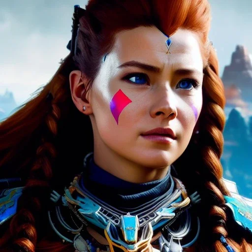 portrait of beautiful busty Aloy (Horizon Zero Dawn) painting by Brom , oil on canvas, cinematic composition, extreme detail,fit full head inside picture,8k